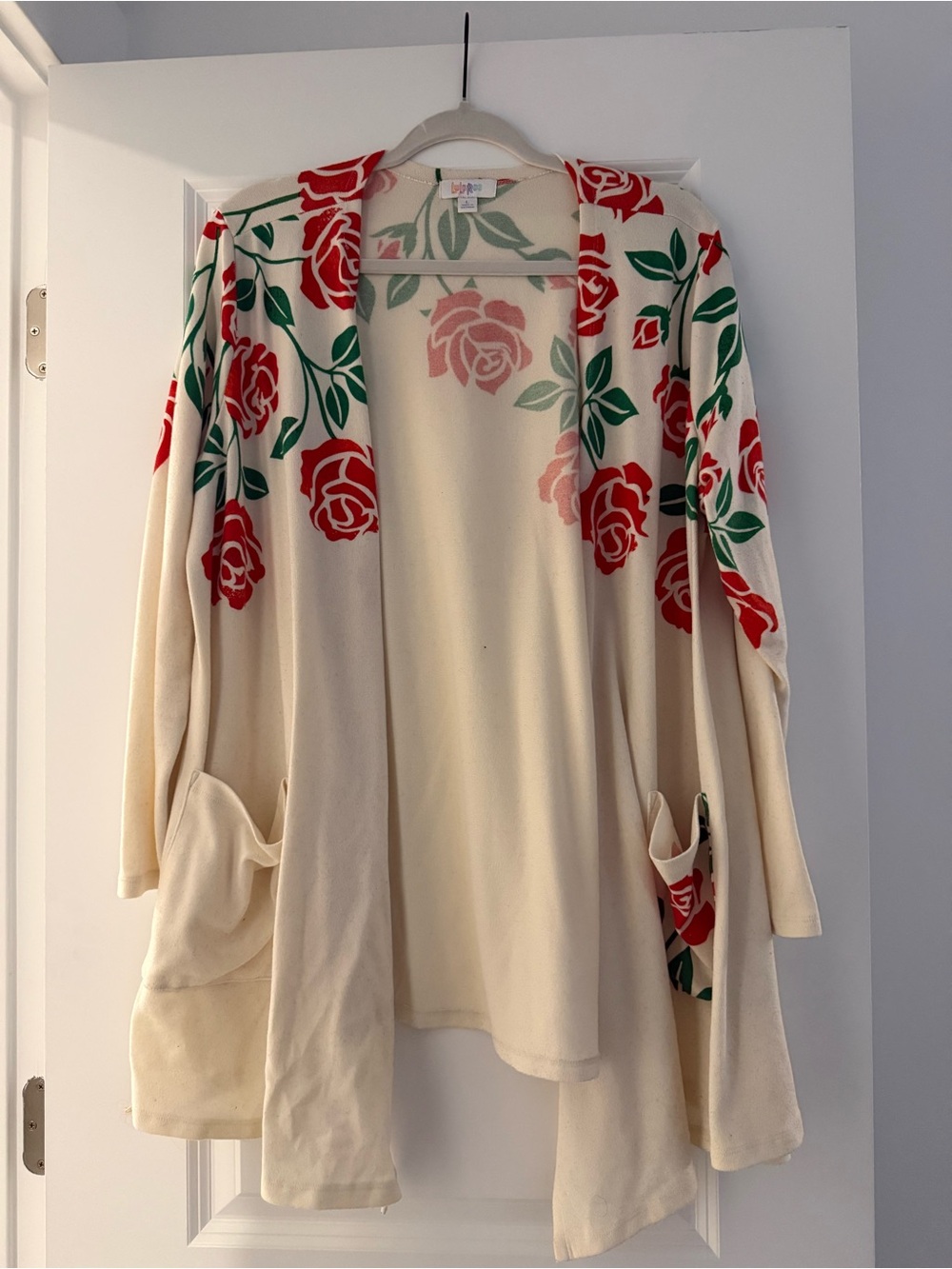LuLaRoe Cream Cardigan with Red Rose & Green Leaf Print